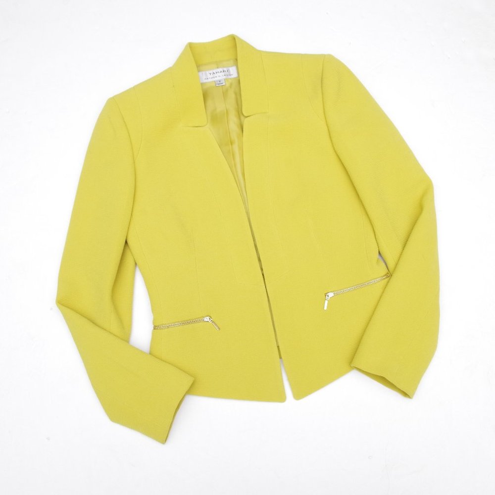 Tahari Structured Modern Chartreuse Texture Blazer - image 1